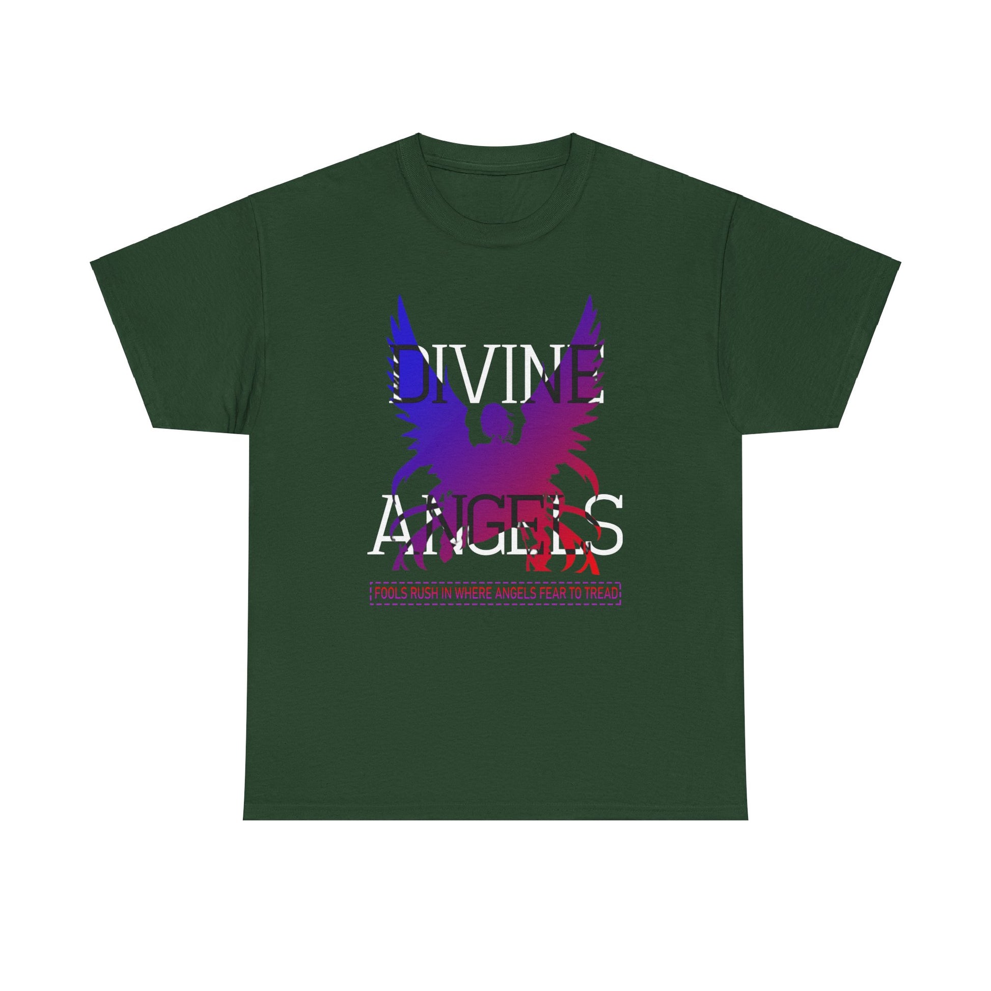 Unisex Angel Theme Heavy Cotton T-Shirt Front Side Forest Green Main