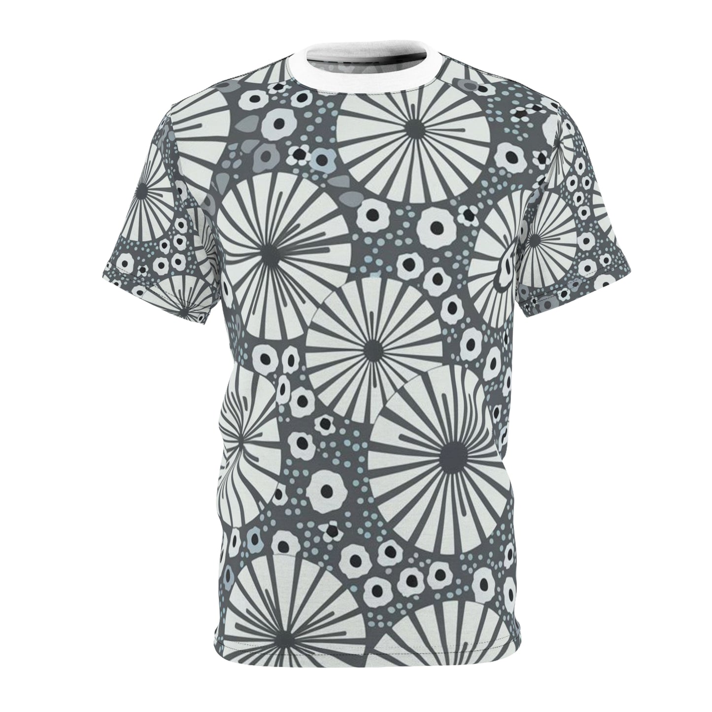 Unisex Cut & Sew Black and White All Over Print Floral T-Shirt Front Side