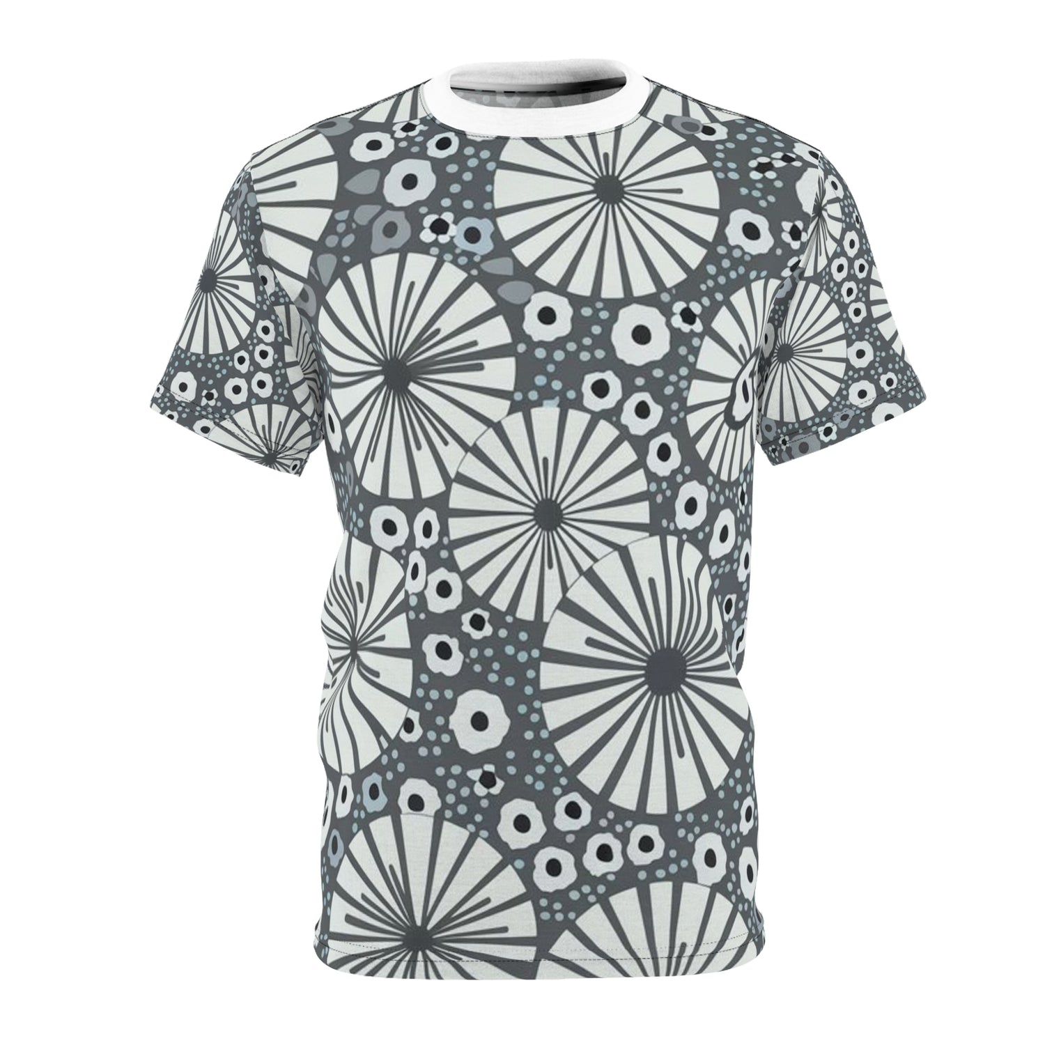 Unisex Cut & Sew Black and White All Over Print Floral T-Shirt Front Side