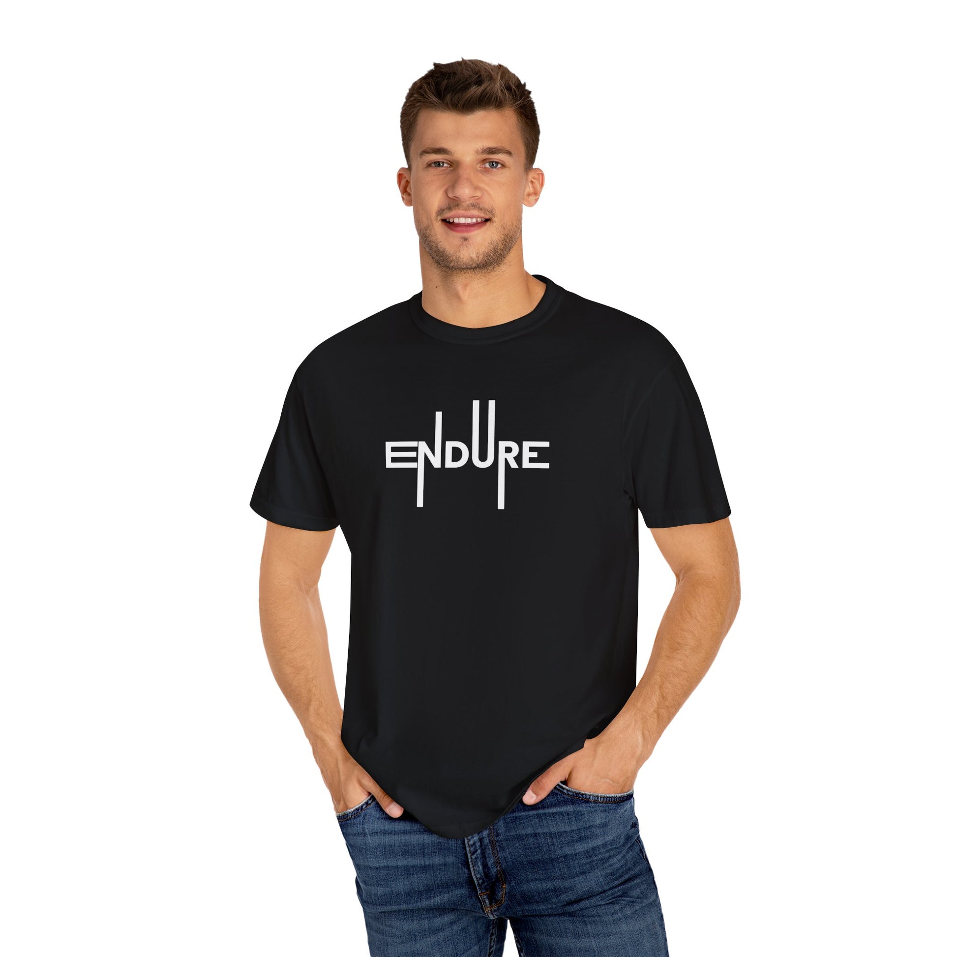 Unisex Garment Dyed Endure Motivational T-Shirt Front Side Black Male