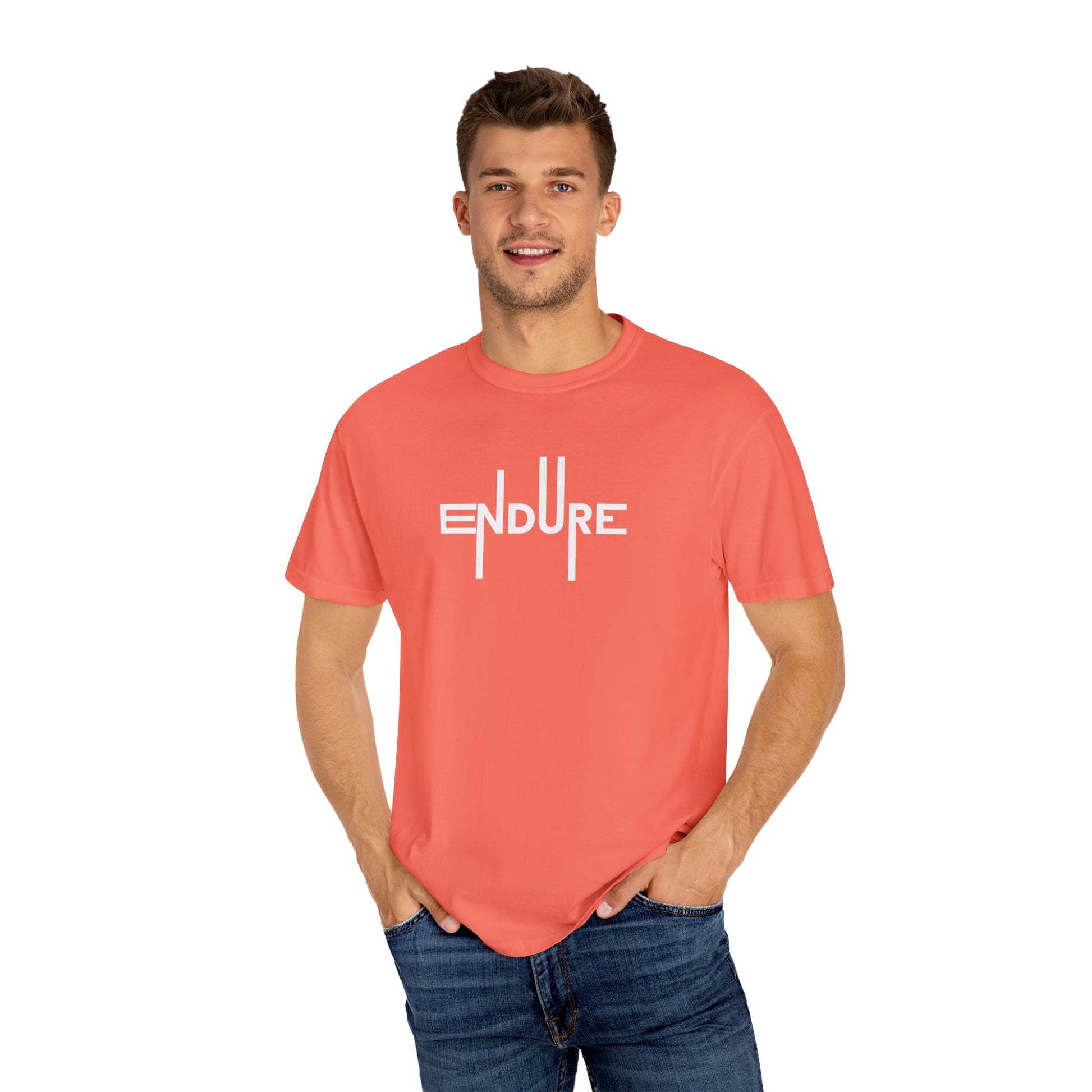 Unisex Garment Dyed Endure Motivational T-Shirt Front Side Bright Salmon Male