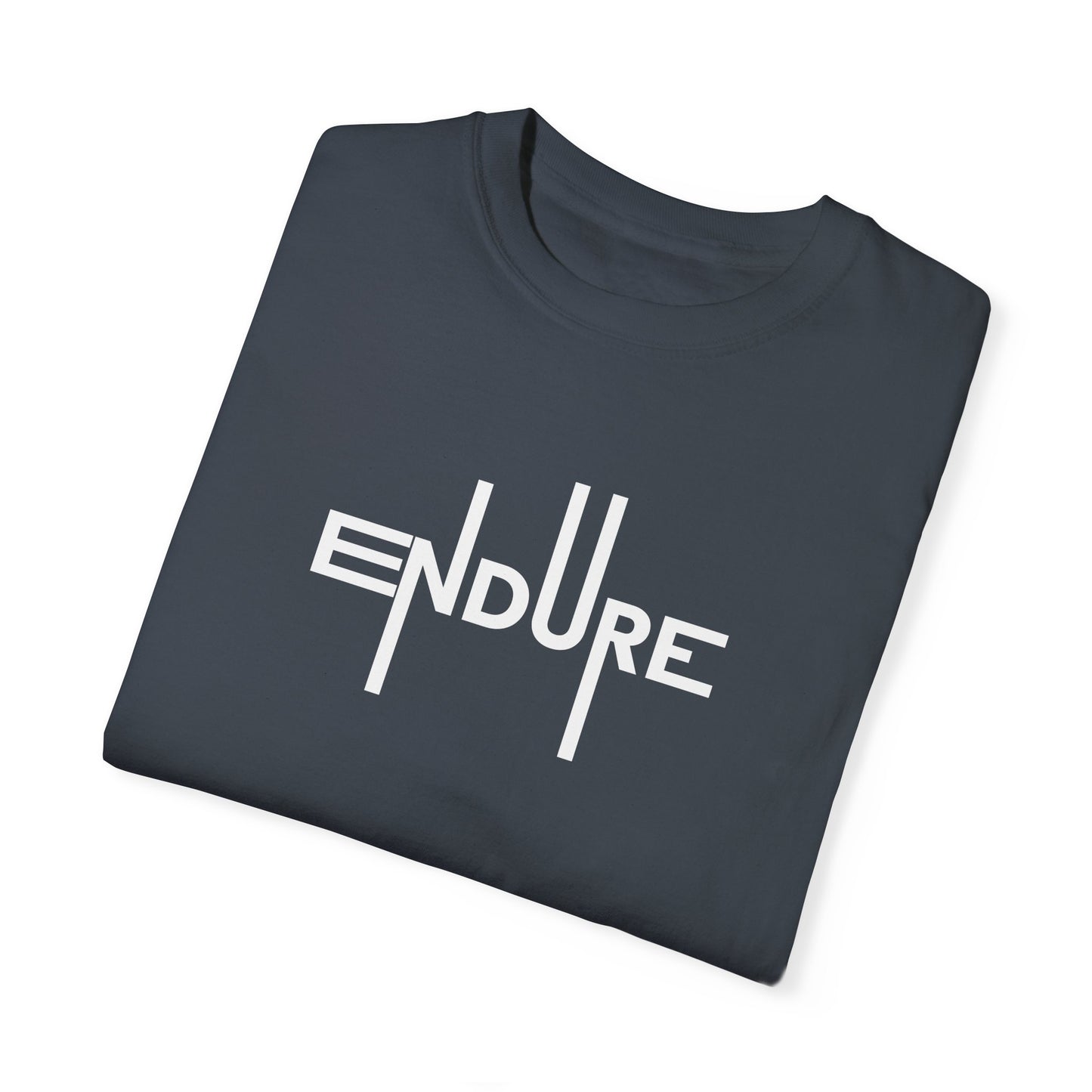 Unisex Garment Dyed Endure Motivational T-Shirt Front Side Denim Folded