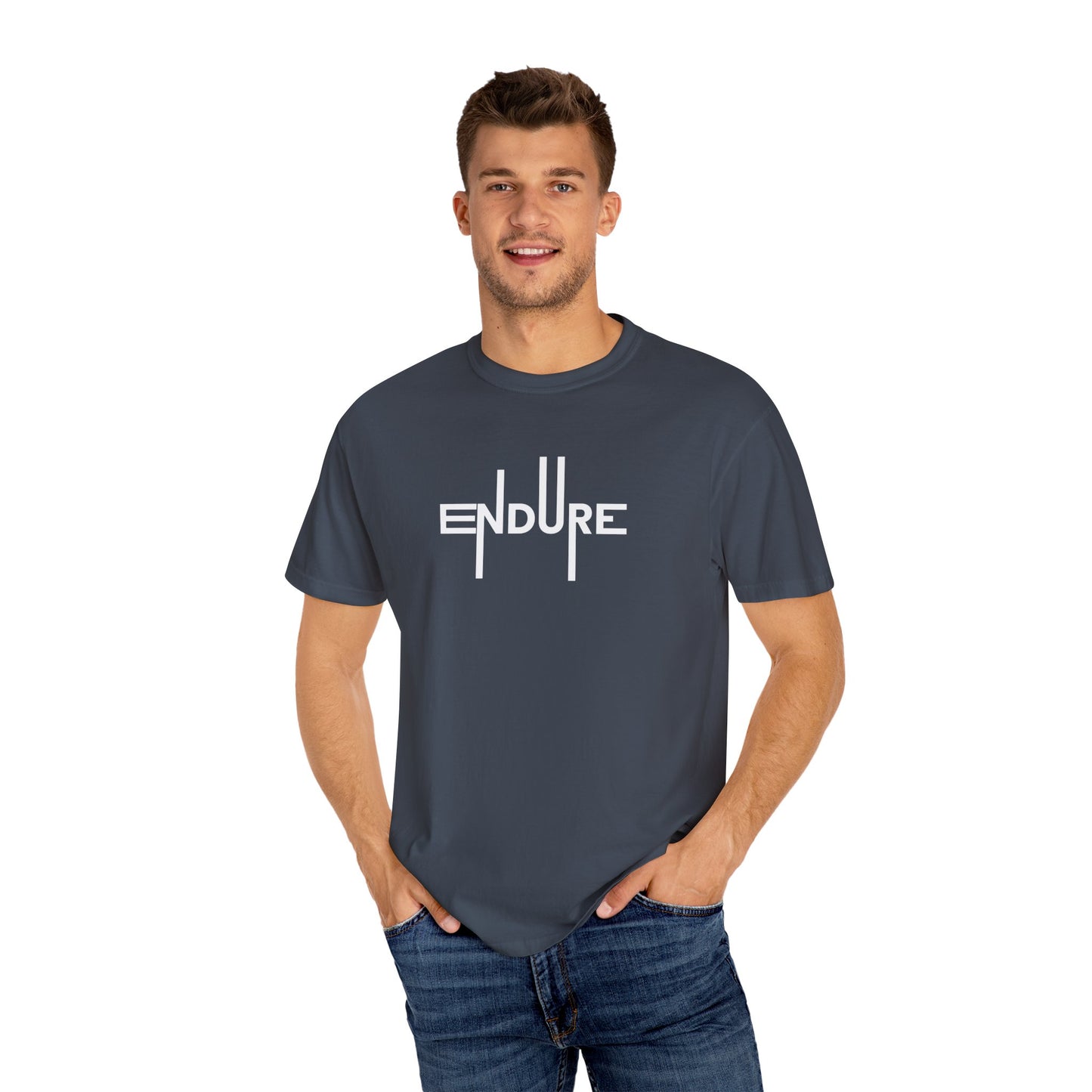 Unisex Garment Dyed Endure Motivational T-Shirt Front Side Denim Male