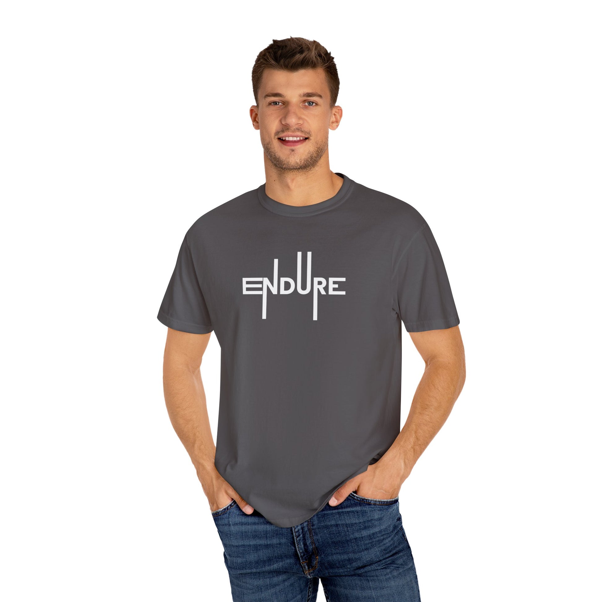 Unisex Garment Dyed Endure Motivational T-Shirt Front Side Graphite Male