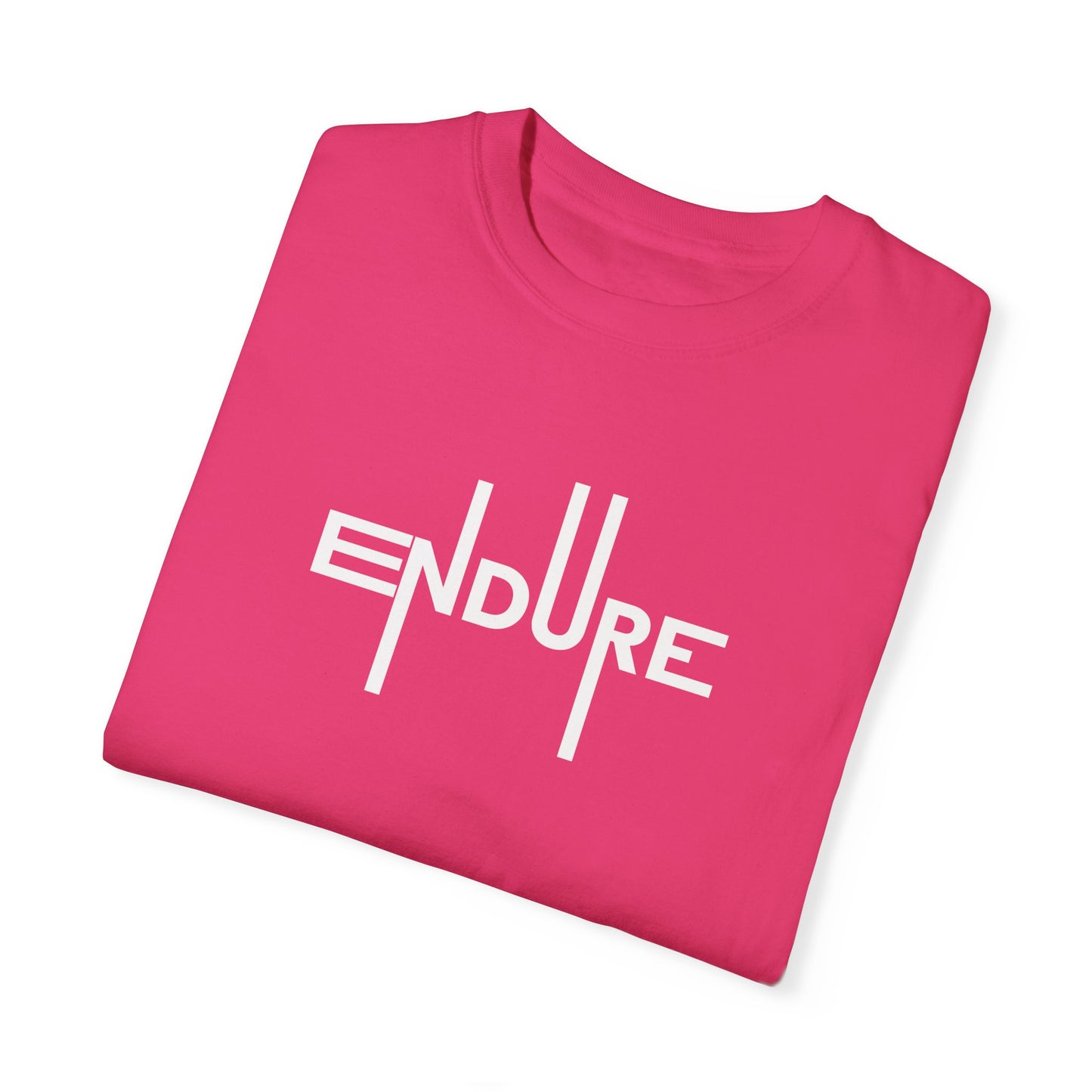 Unisex Garment Dyed Endure Motivational T-Shirt Front Side Heliconia Folded