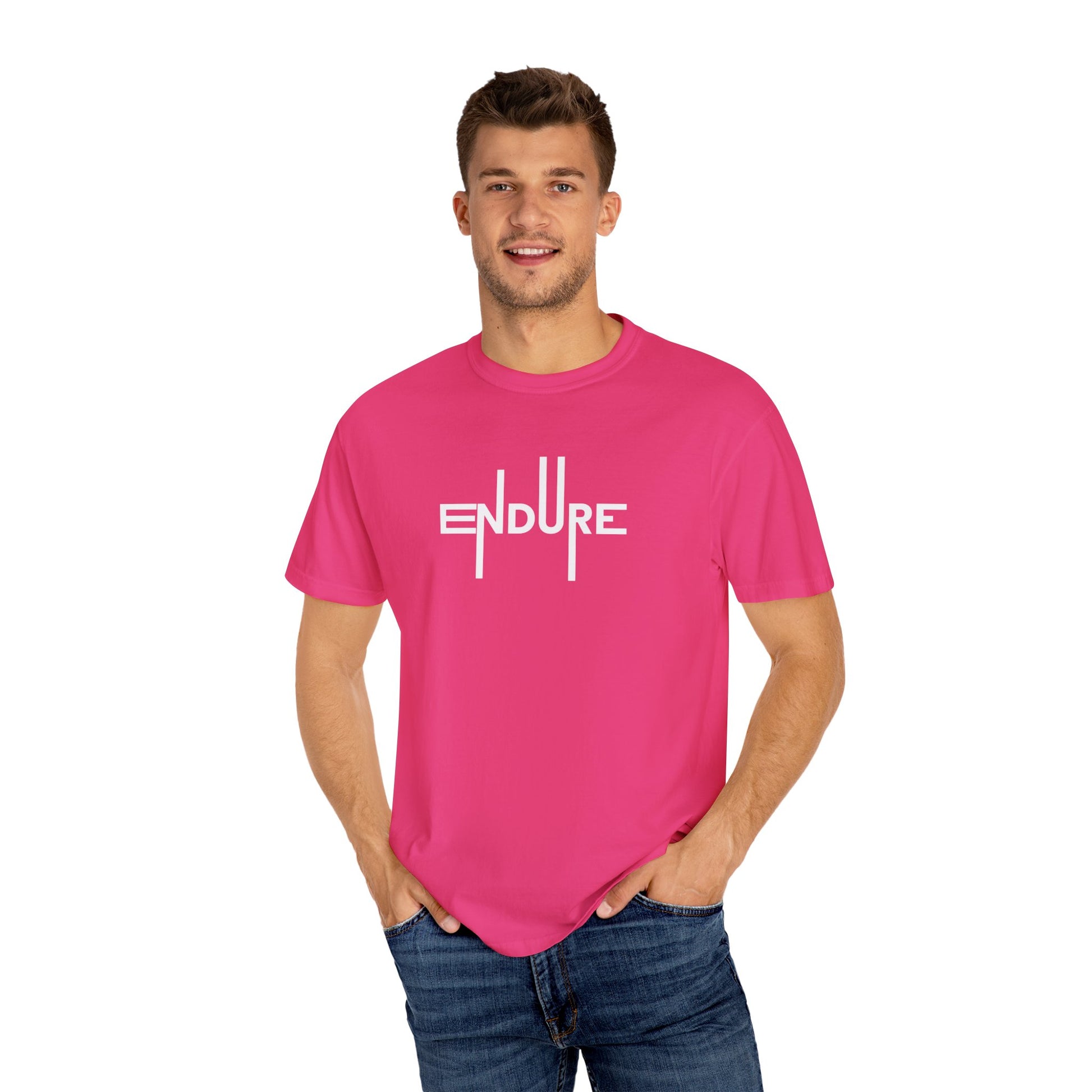 Unisex Garment Dyed Endure Motivational T-Shirt Front Side Heliconia Male