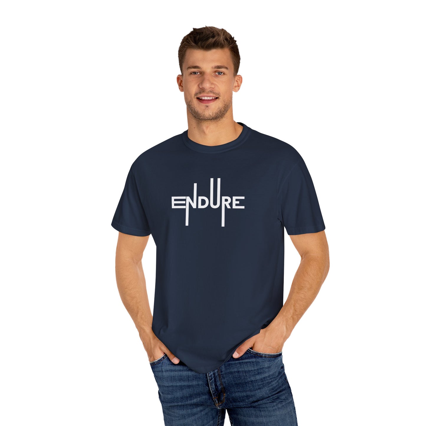 Unisex Garment Dyed Endure Motivational T-Shirt Front Side Navy Male