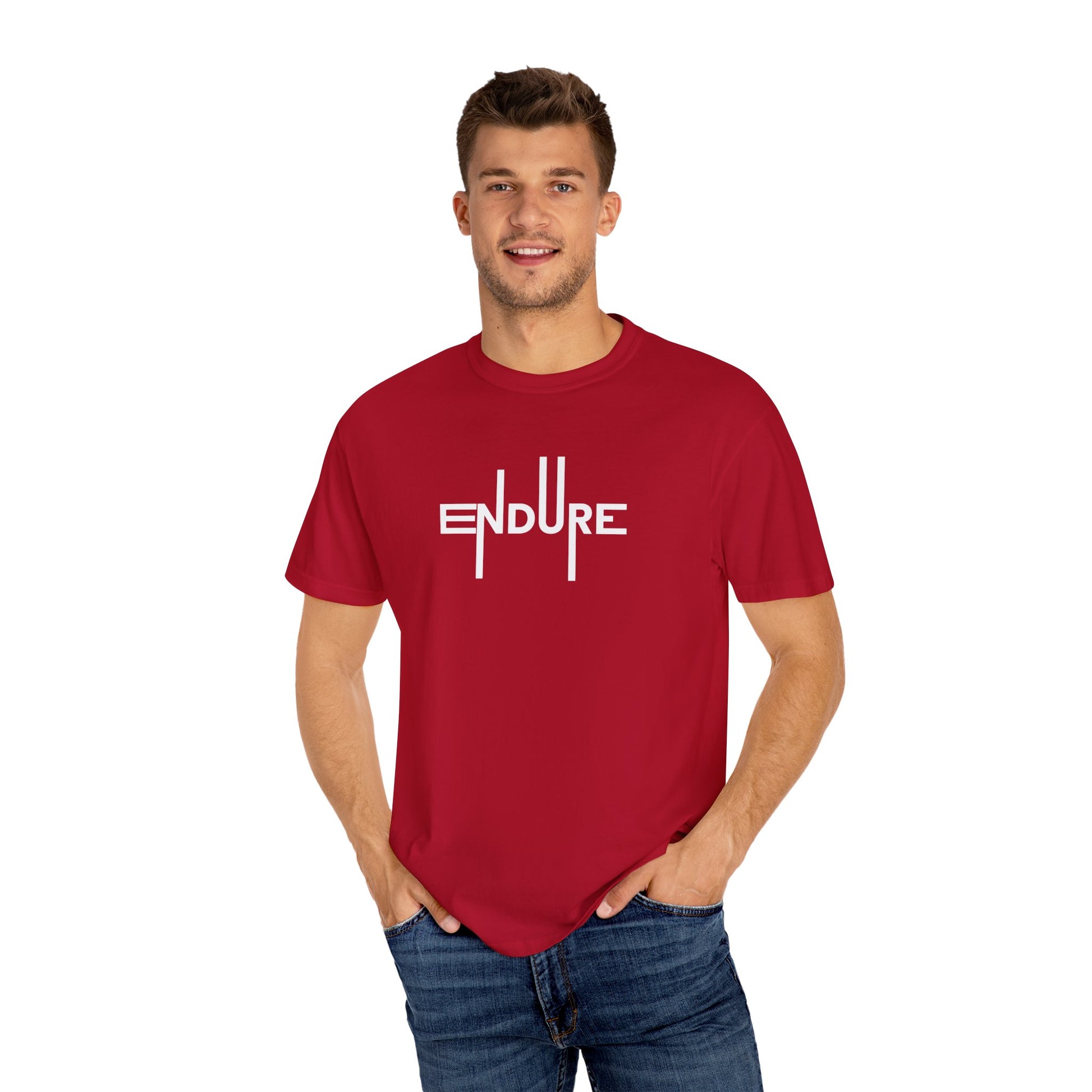 Unisex Garment Dyed Endure Motivational T-Shirt Front Side Red Male