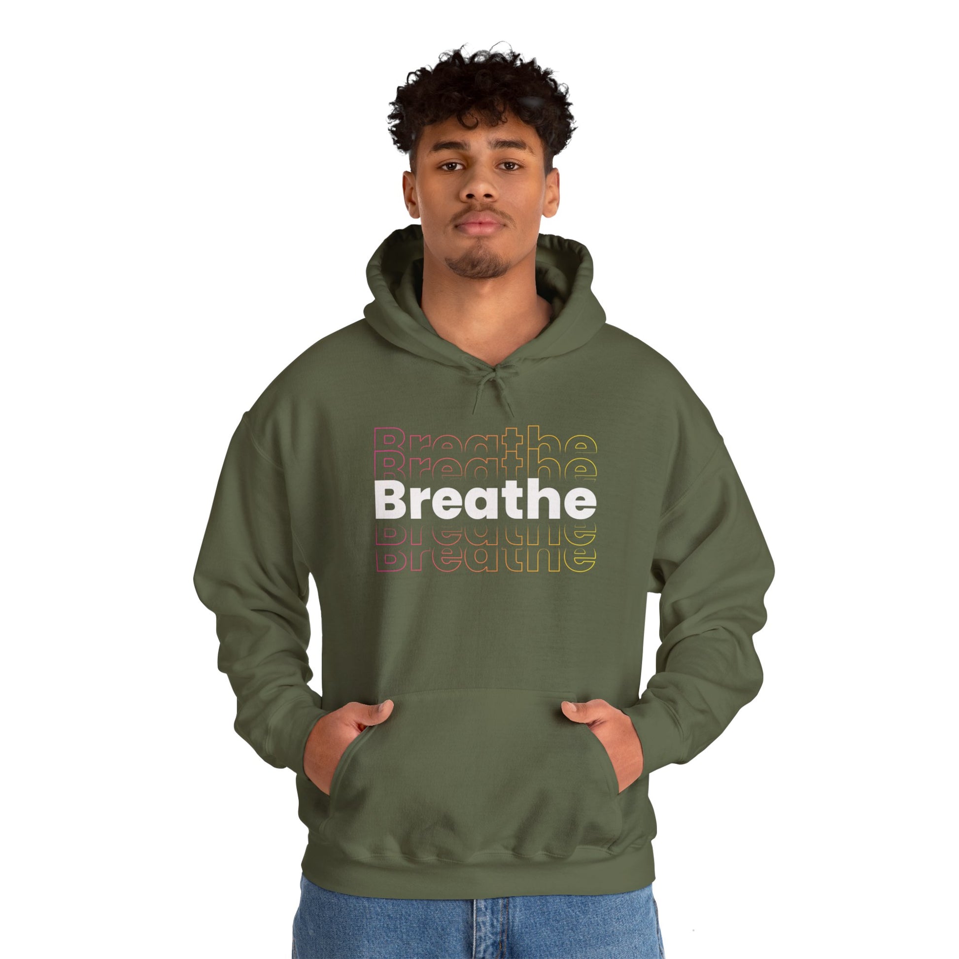 Unisex Heavy Blend Hooded Breathe Theme Sweatshirt Front Side Military Green Male