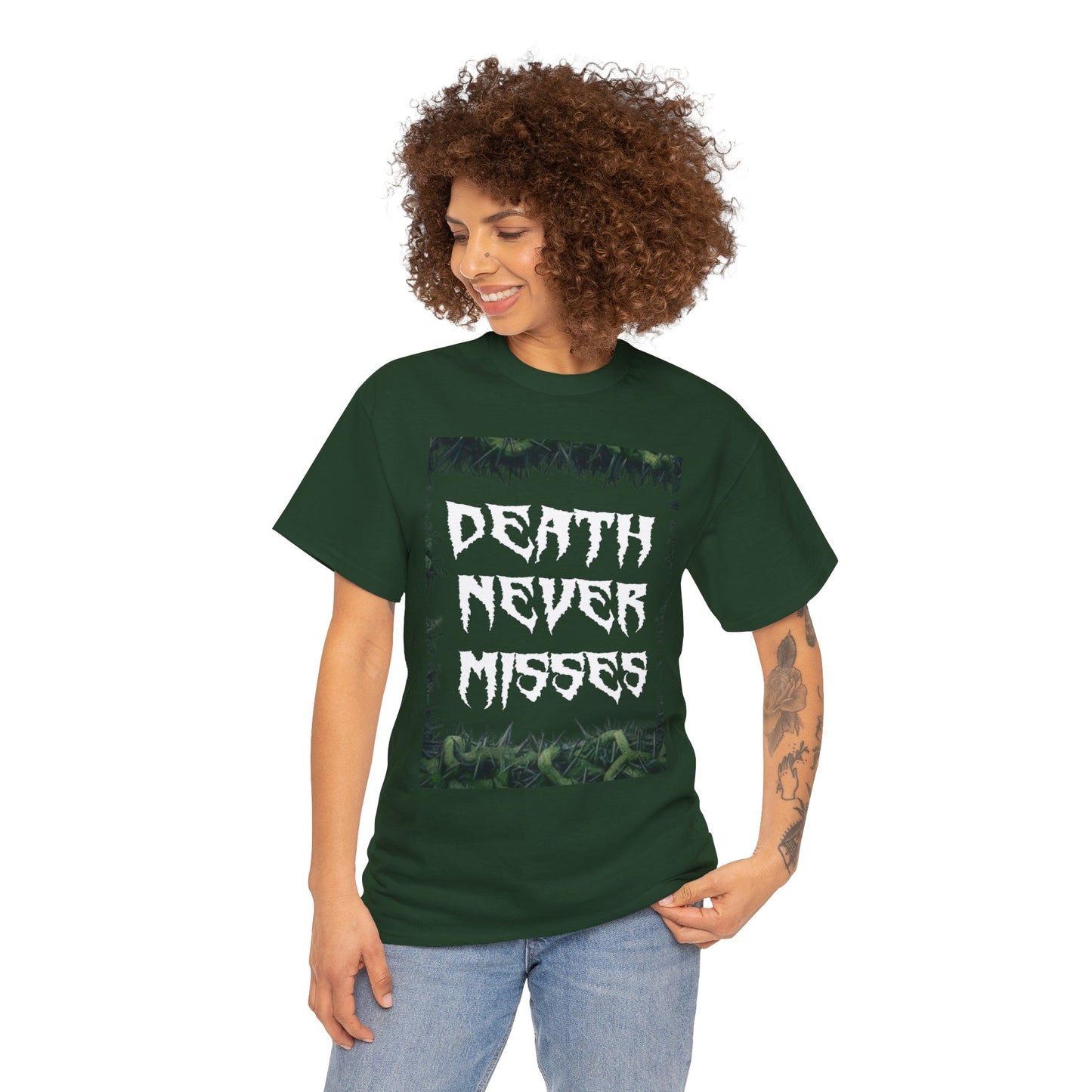 Unisex Heavy Cotton Death Theme T-Shirt Front Side Forest Green Female 2