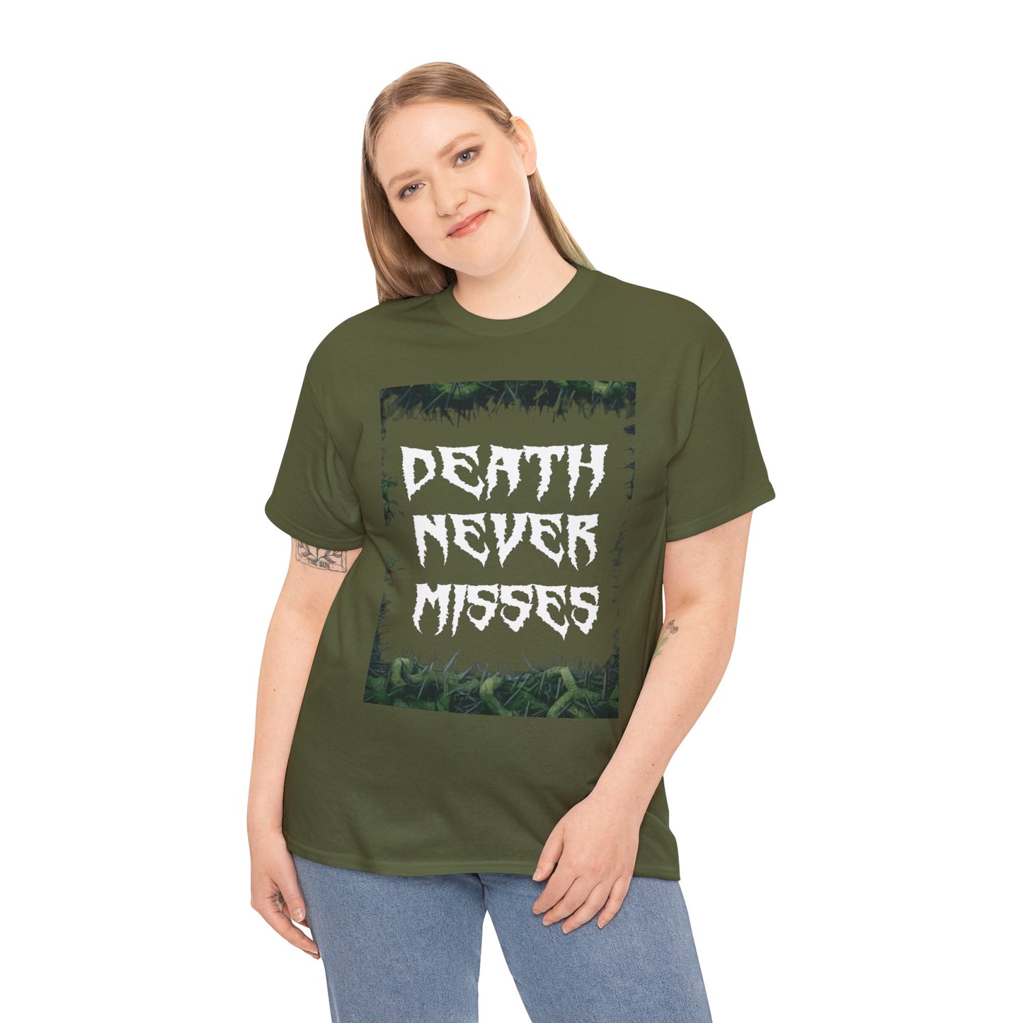 Unisex Heavy Cotton Death Theme T-Shirt Front Side Military Green Female