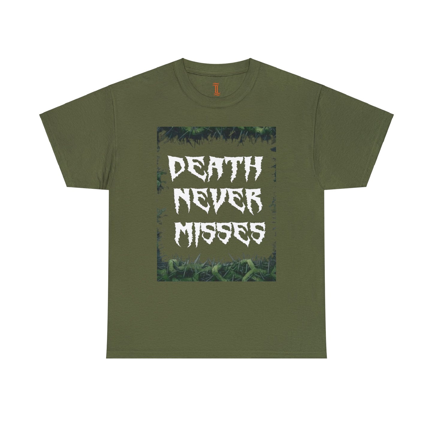 Unisex Heavy Cotton Death Theme T-Shirt Front Side Military Green