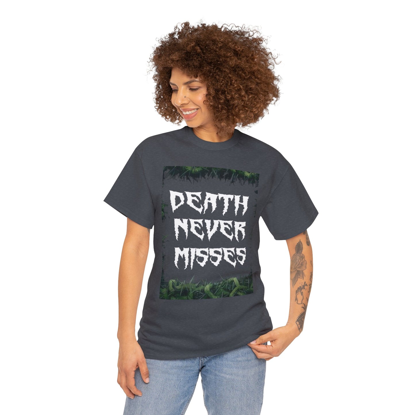 Unisex Heavy Cotton Death Theme T-Shirt Front Side Tweed Female 2