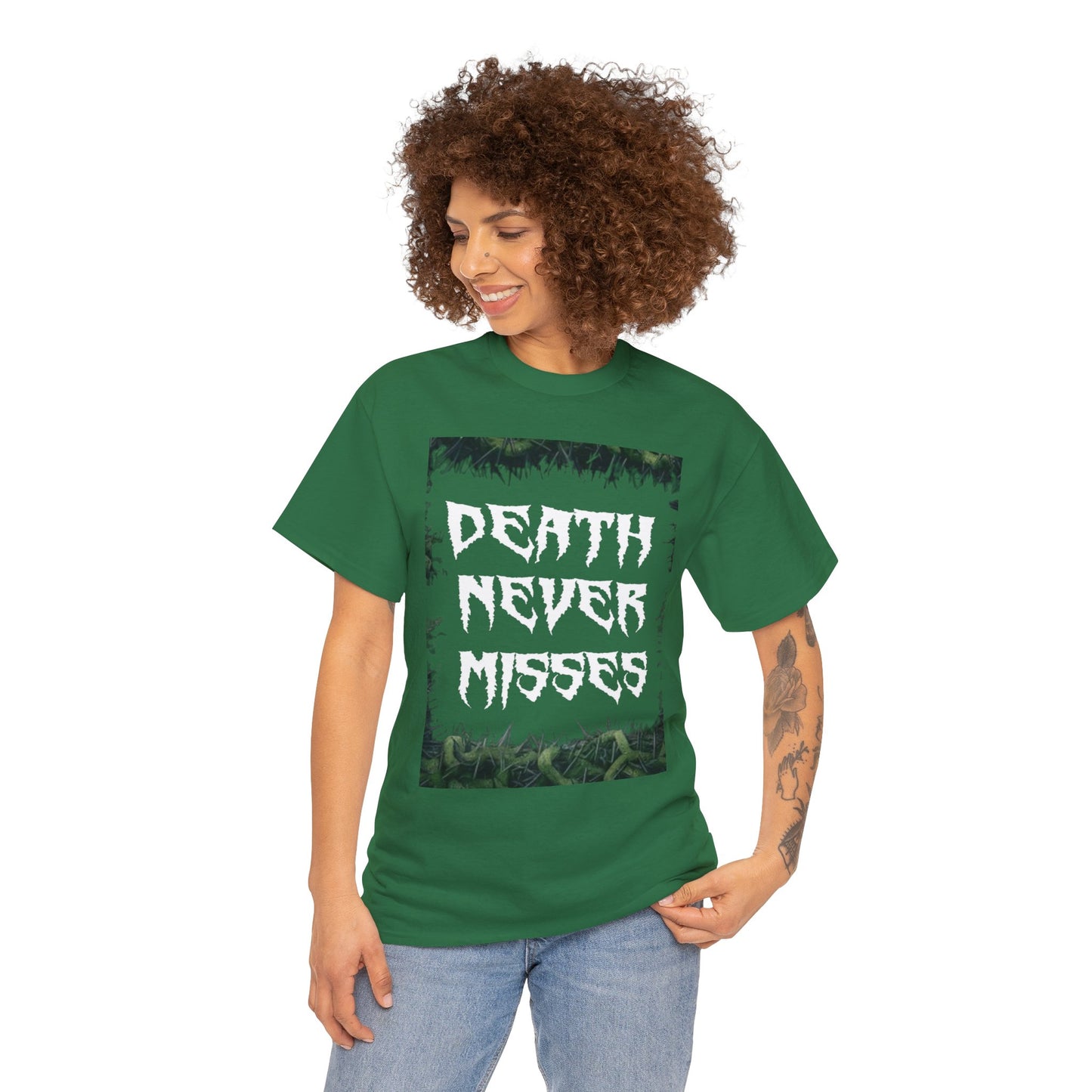 Unisex Heavy Cotton Death Theme T-Shirt Turf Green Front Side Female 2