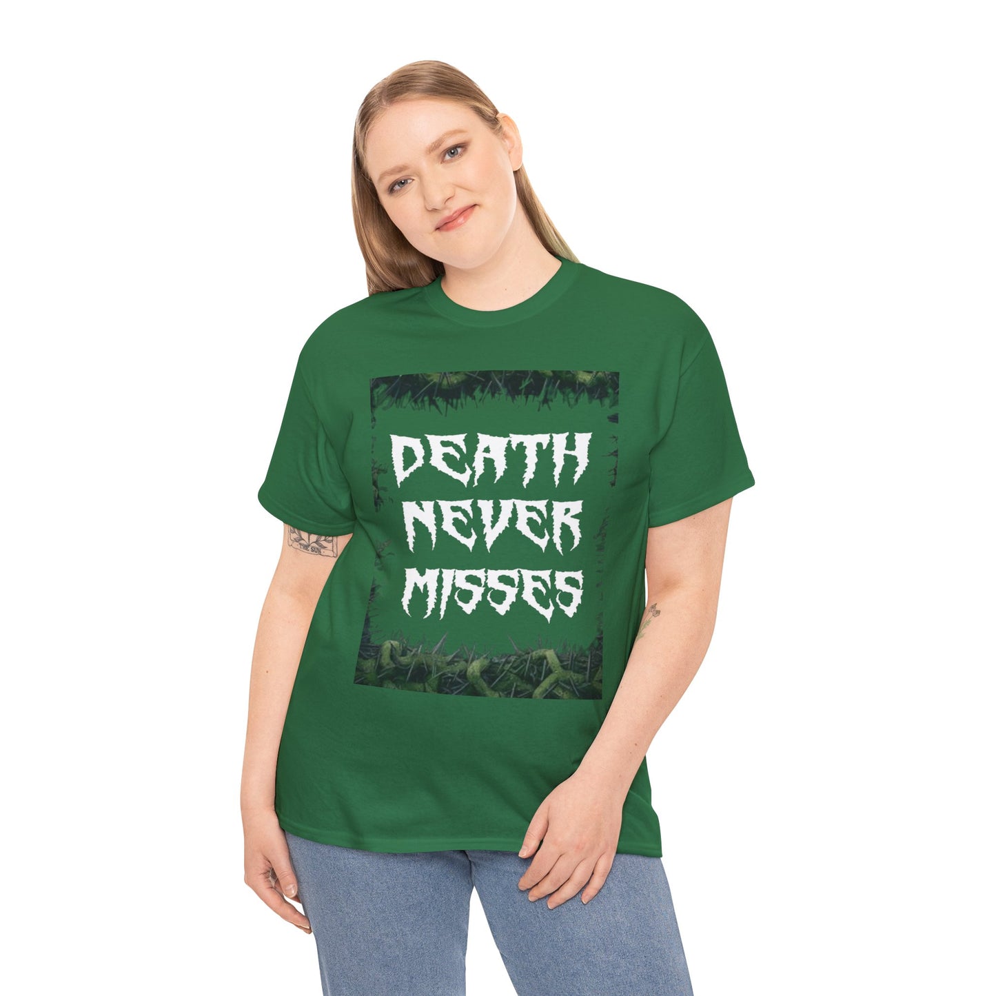 Unisex Heavy Cotton Death Theme T-Shirt Turf Green Front Side Female