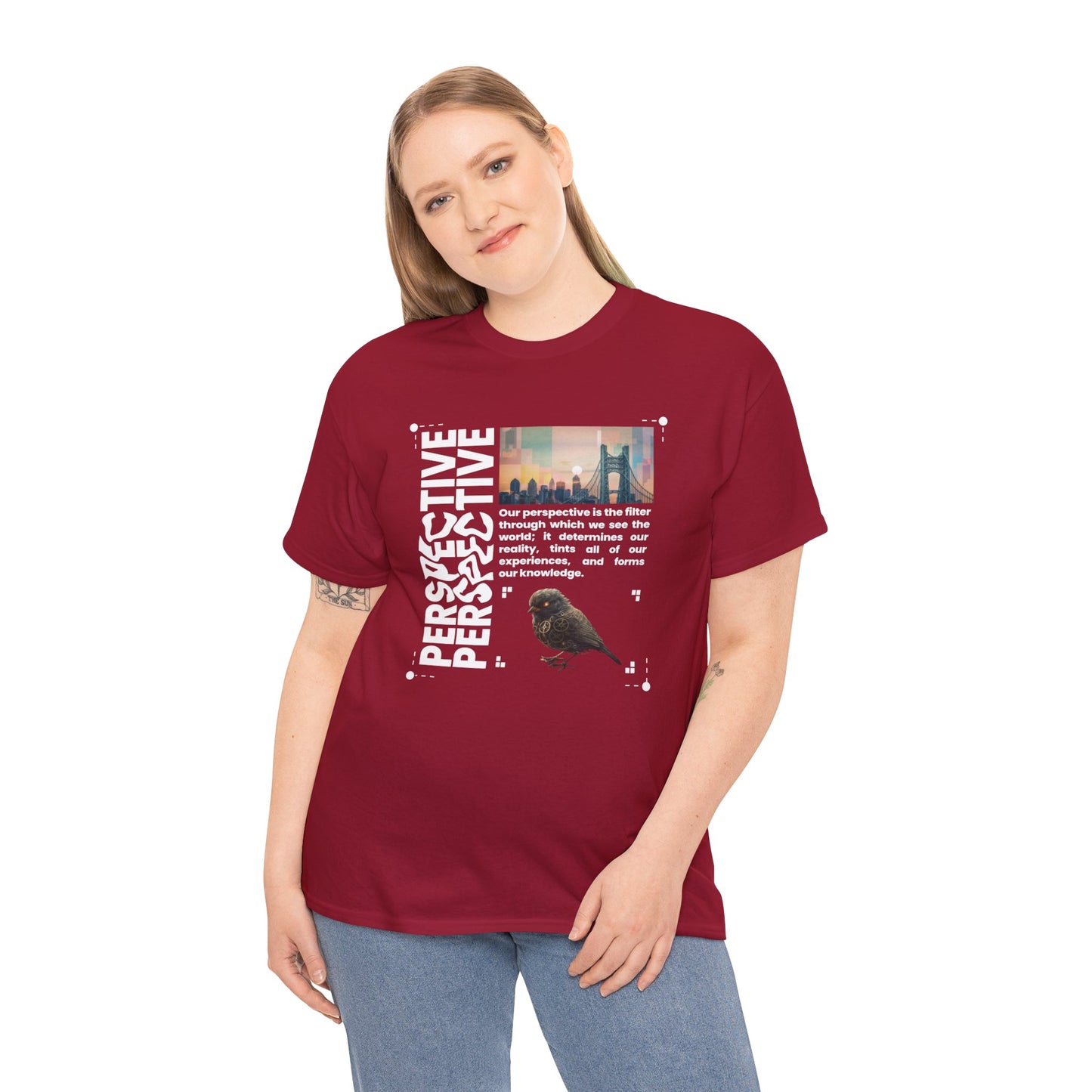 Unisex Heavy Cotton Perspective T-Shirt Front Side Cardinal Red Female