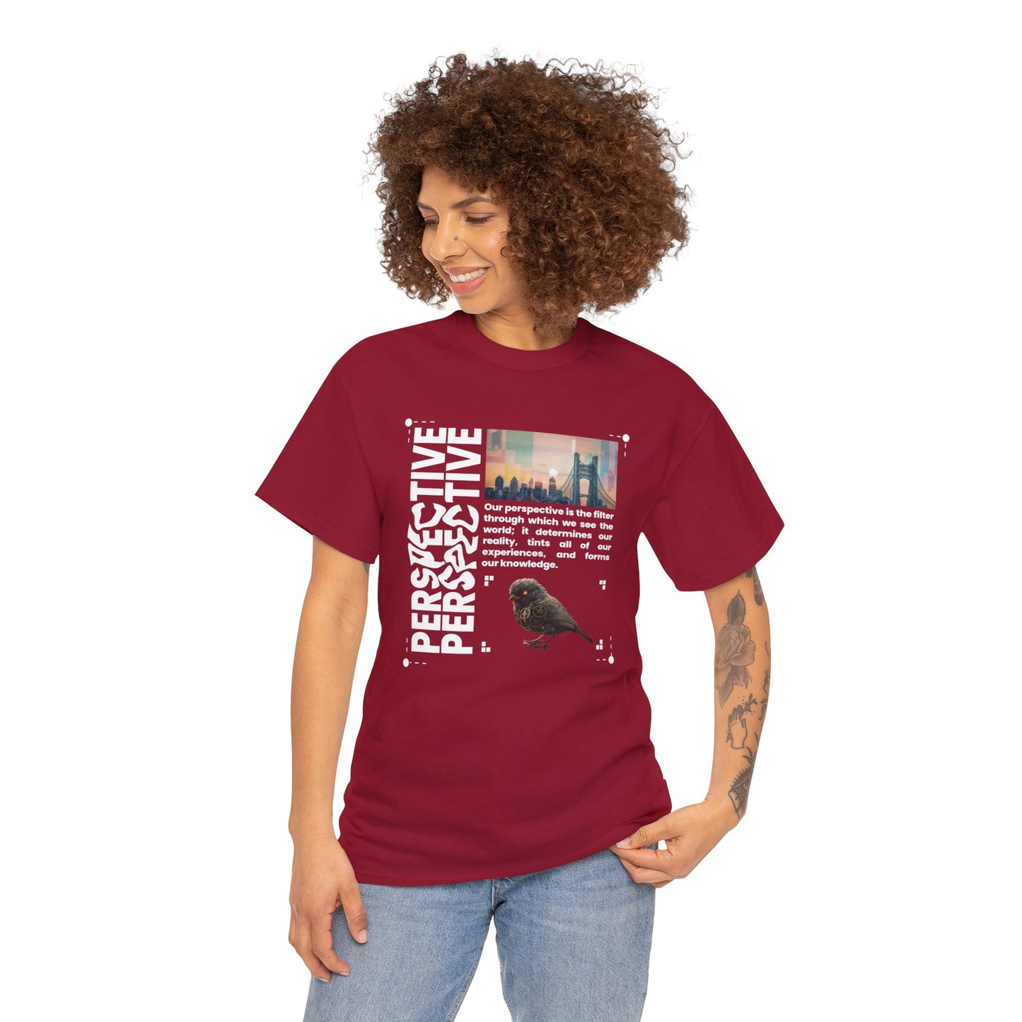 Unisex Heavy Cotton Perspective T-Shirt Front Side Cardinal Red Female2