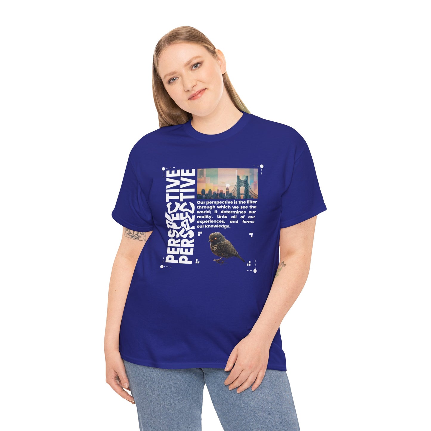 Unisex Heavy Cotton Perspective T-Shirt Front Side Cobalt Female