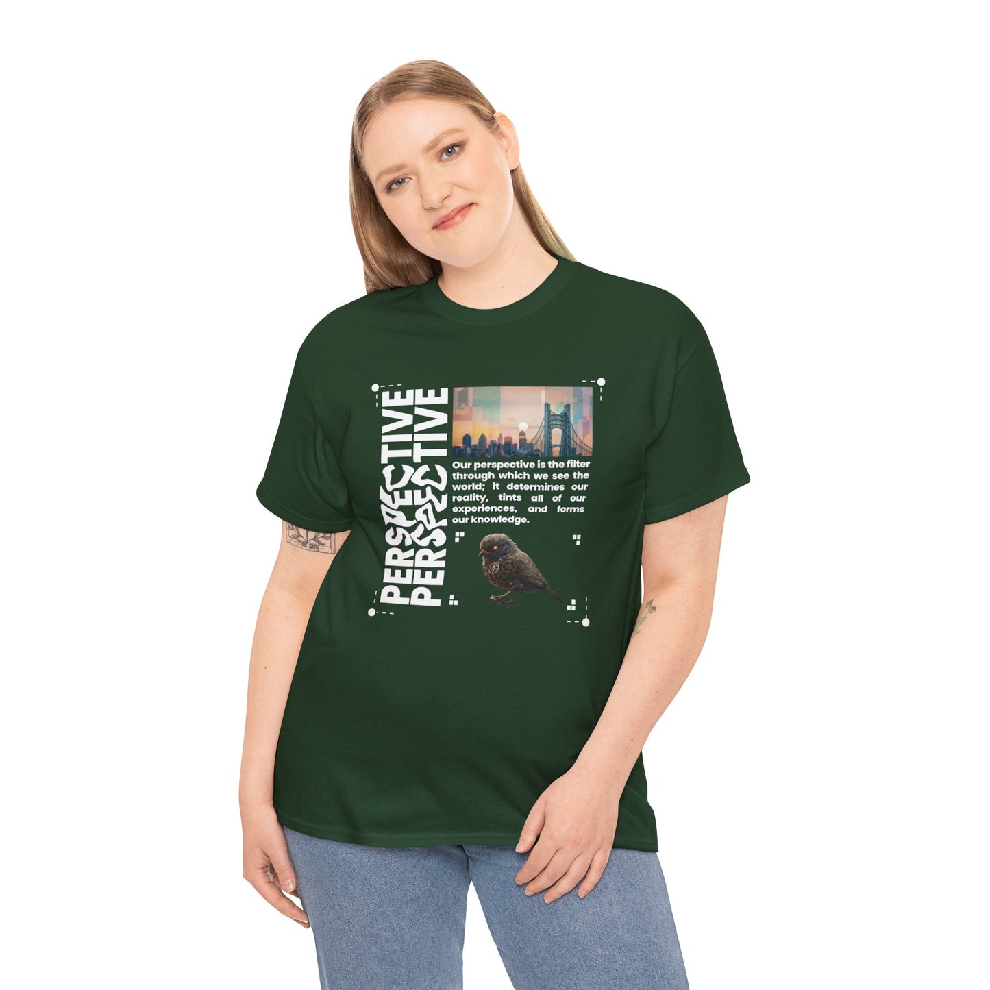 Unisex Heavy Cotton Perspective T-Shirt Front Side Forest Green Female