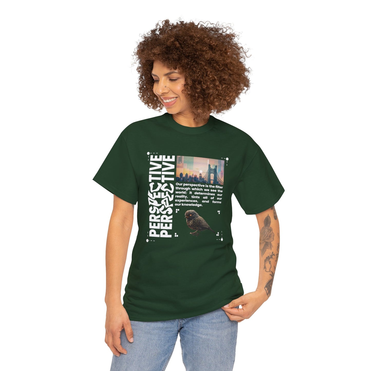 Unisex Heavy Cotton Perspective T-Shirt Front Side Forest Green Female2