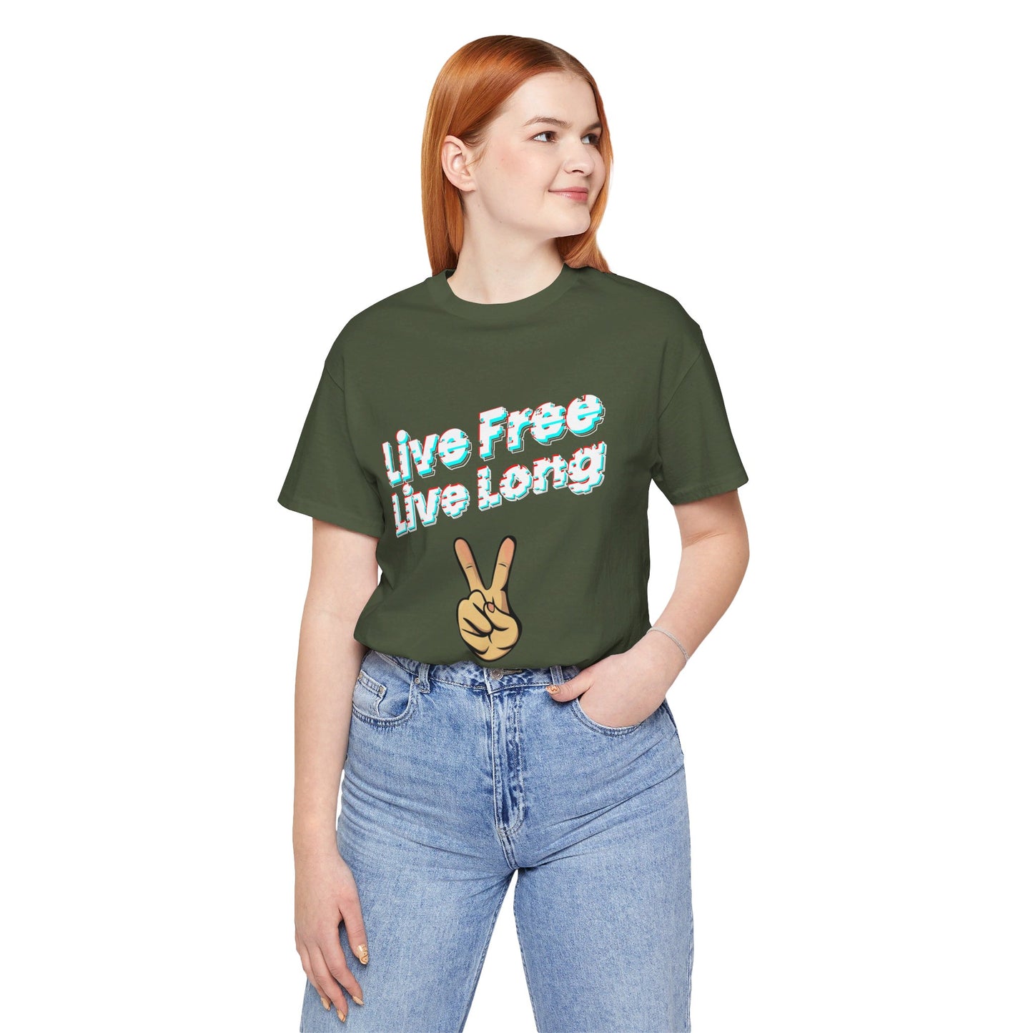 Unisex Jersey Short Sleeve Live Free Quote Tee Front Side Military Green Female