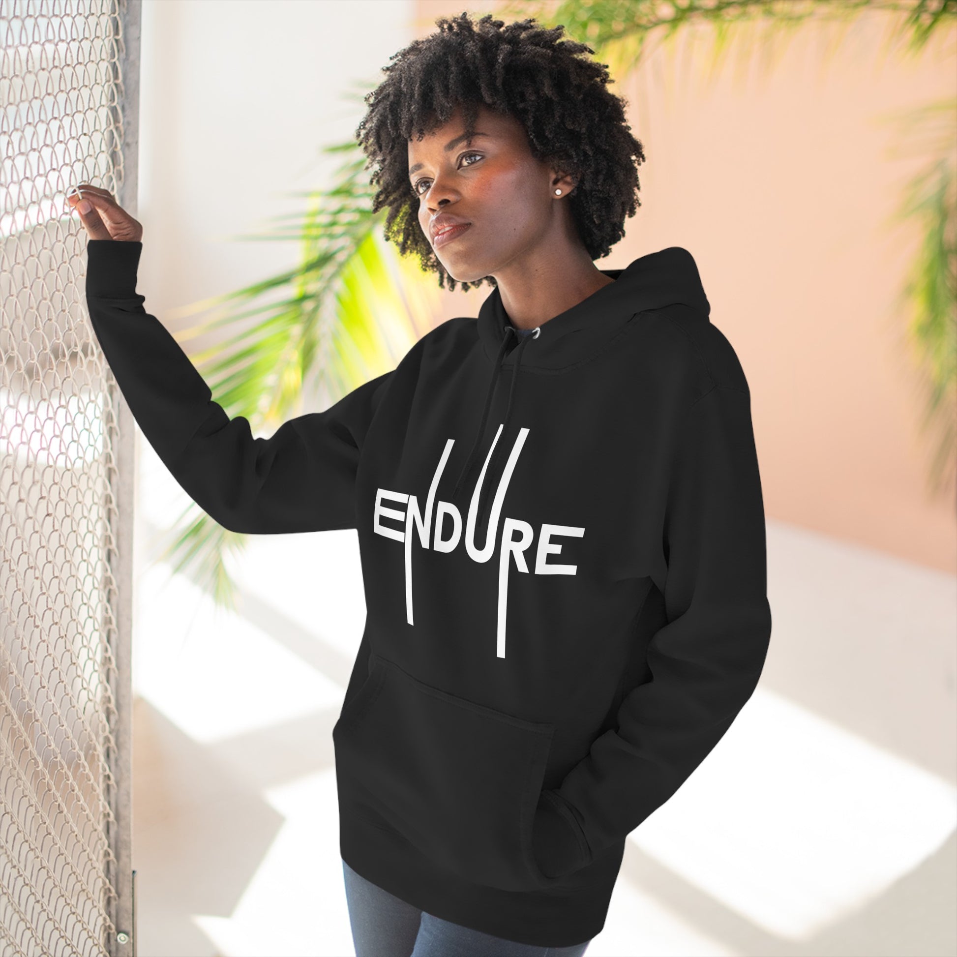 Unisex Three Panel Pullover Endure Motivational Hoodie Front Side Black Female