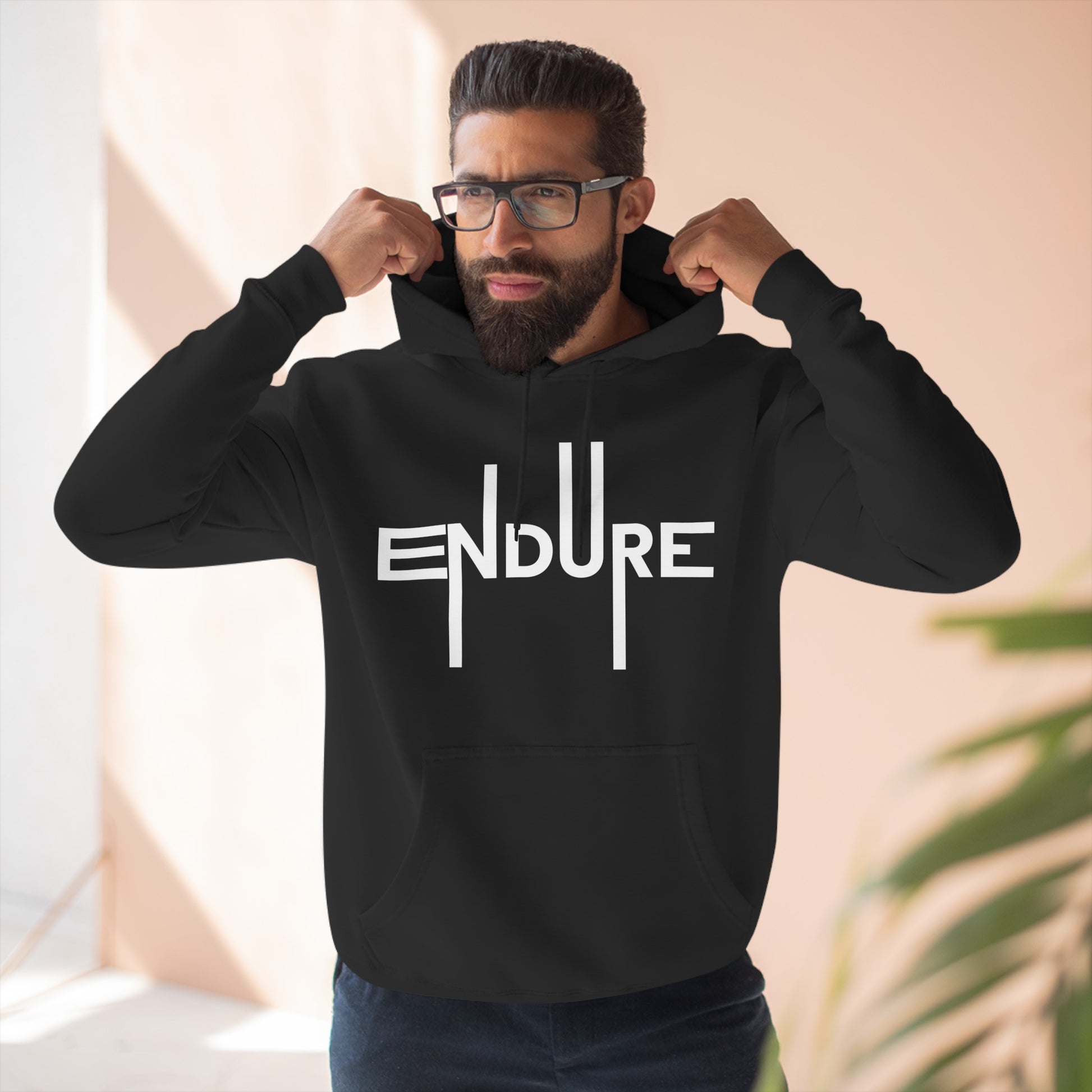 Unisex Three Panel Pullover Endure Motivational Hoodie Front Side Black Male