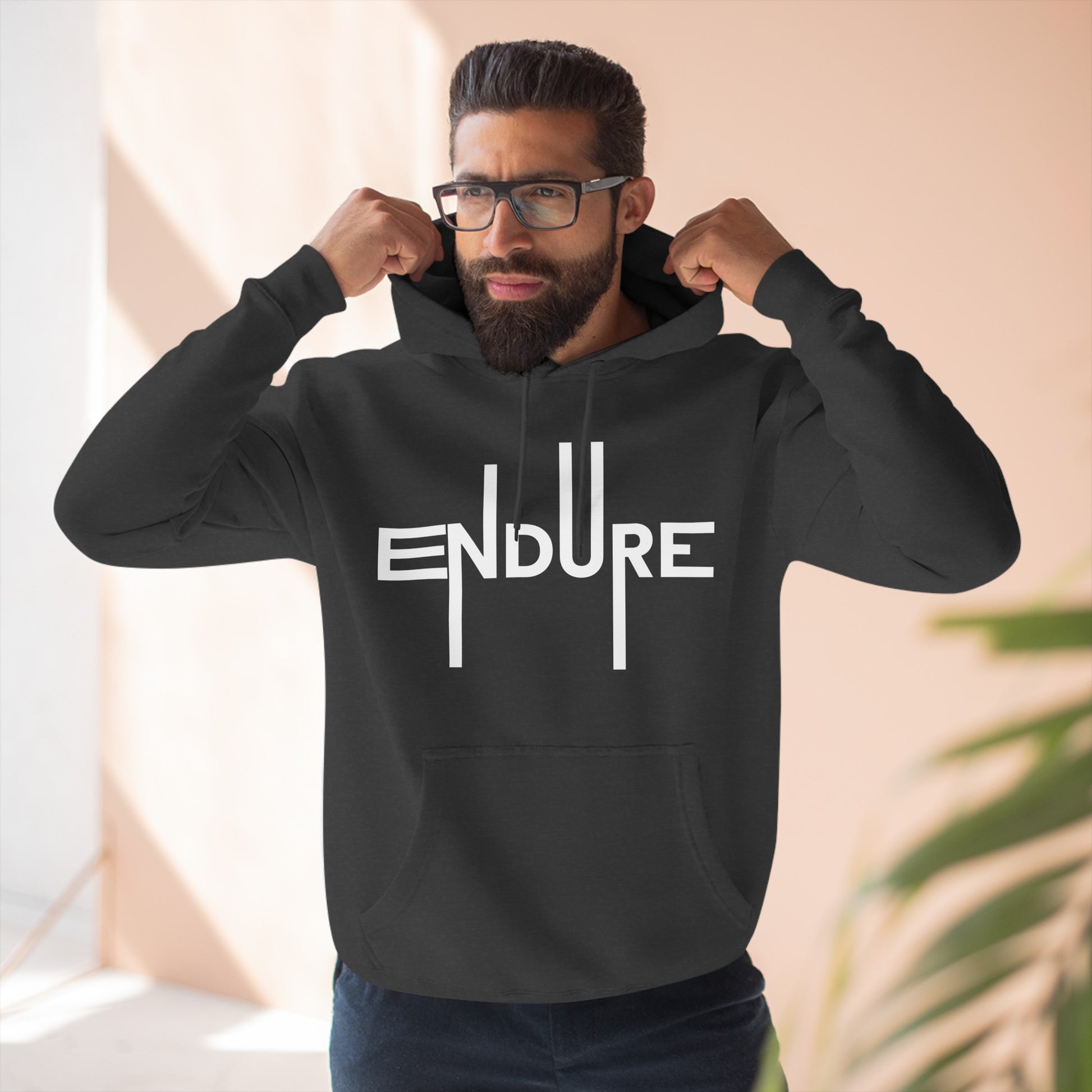 Unisex Three Panel Pullover Endure Motivational Hoodie Front Side Charcoal Heather Male