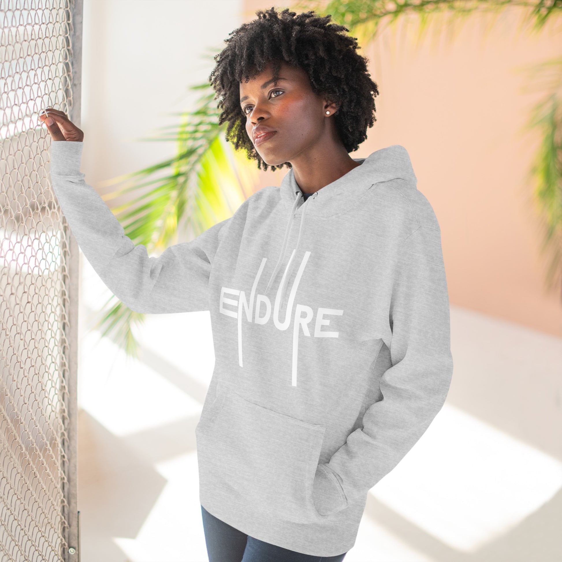 Unisex Three-Panel Pullover Endure Motivational Hoodie Front Side Heather Grey Female