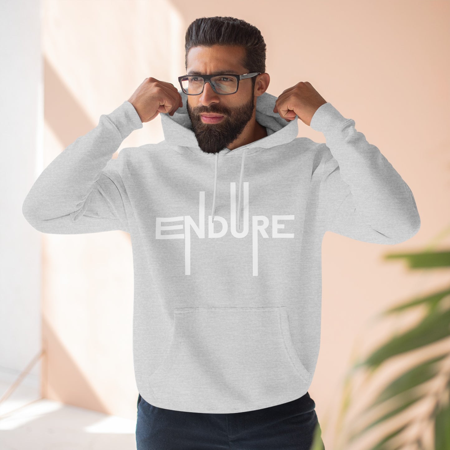  Unisex Three Panel Pullover Endure Motivational Hoodie Front Side Heather Grey Male