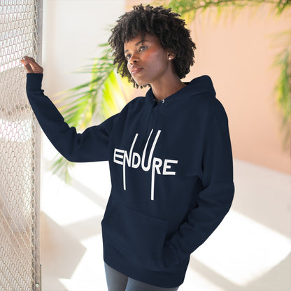 Unisex Three Panel Pullover Endure Motivational Hoodie Front Side Navy Female