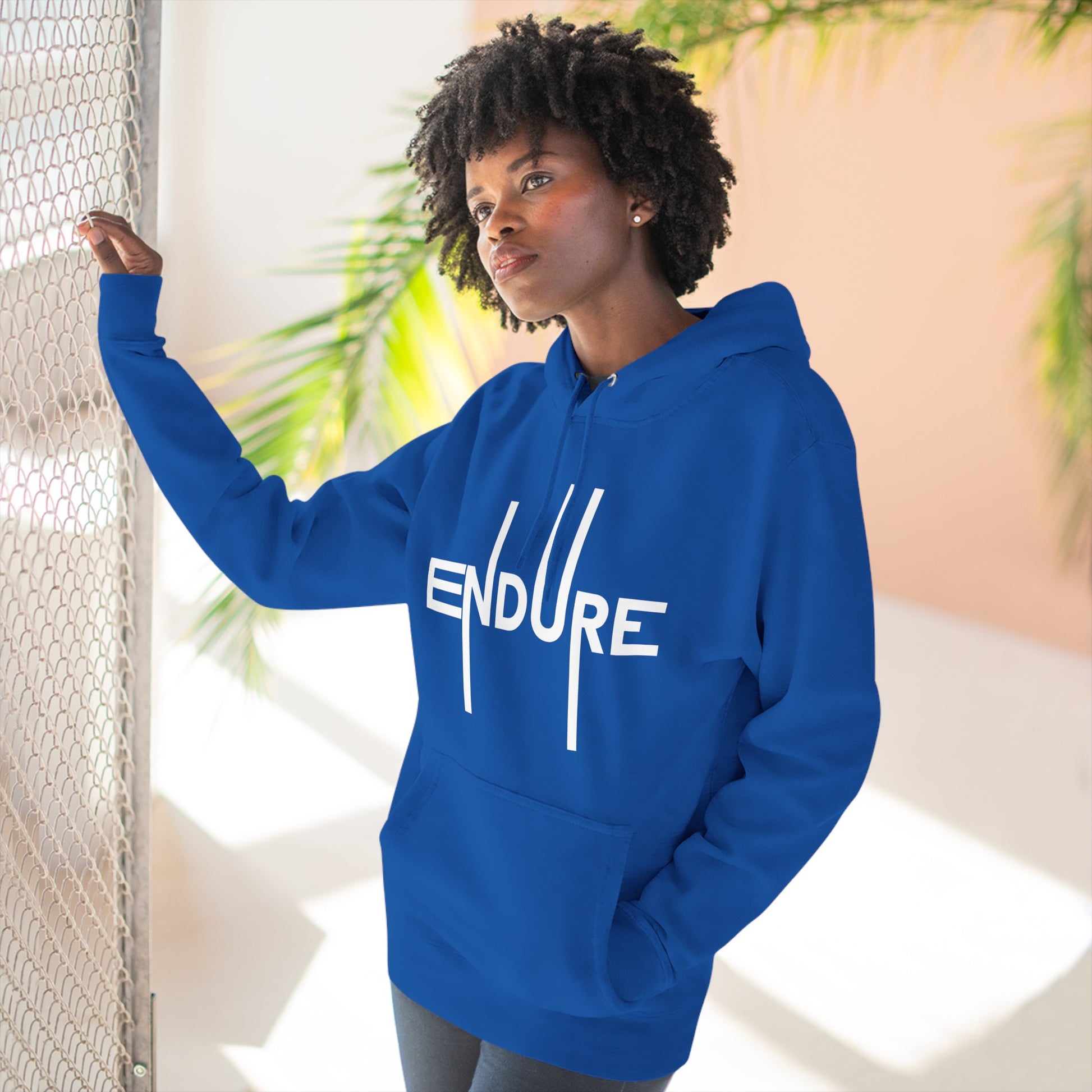 Unisex Three Panel Pullover Endure Motivational Hoodie Front Side Royal Blue Female