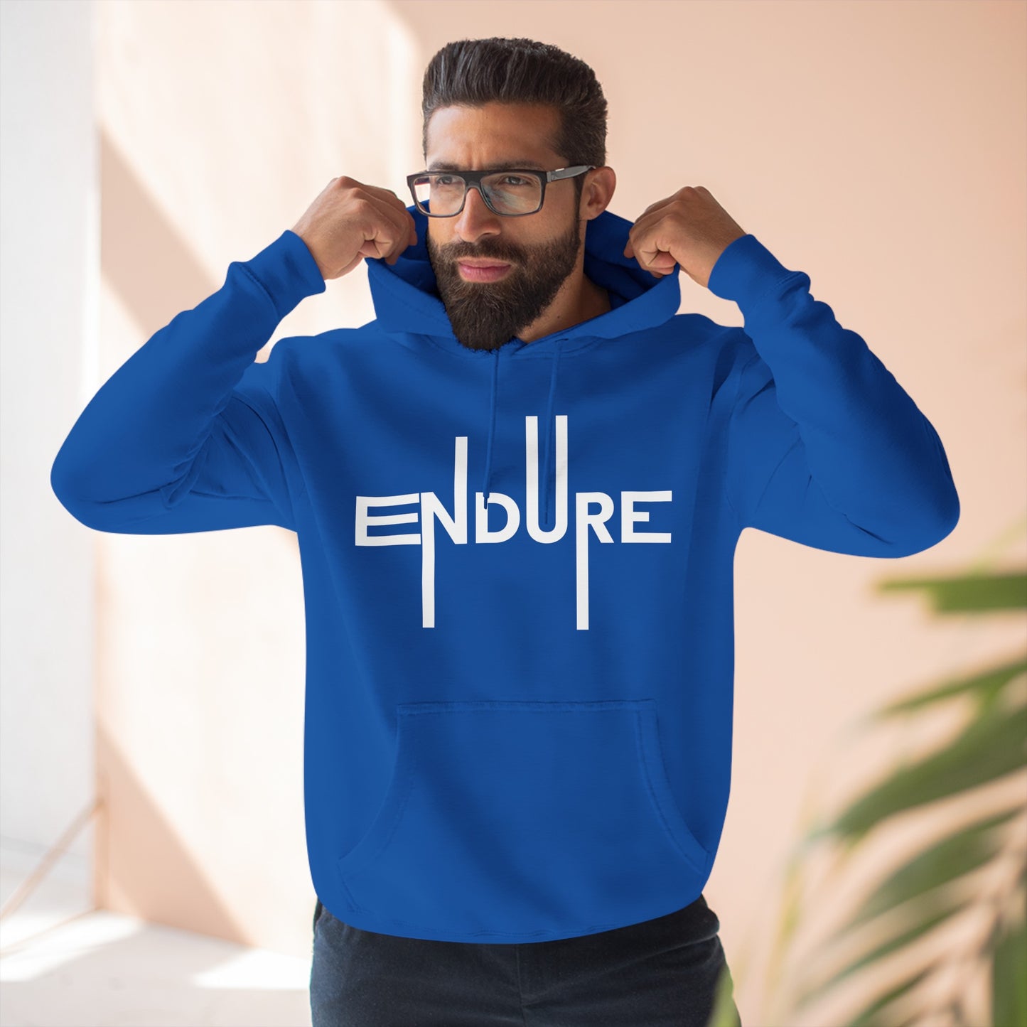 Unisex Three-Panel Pullover Endure Motivational Hoodie Front Side Royal Blue Male